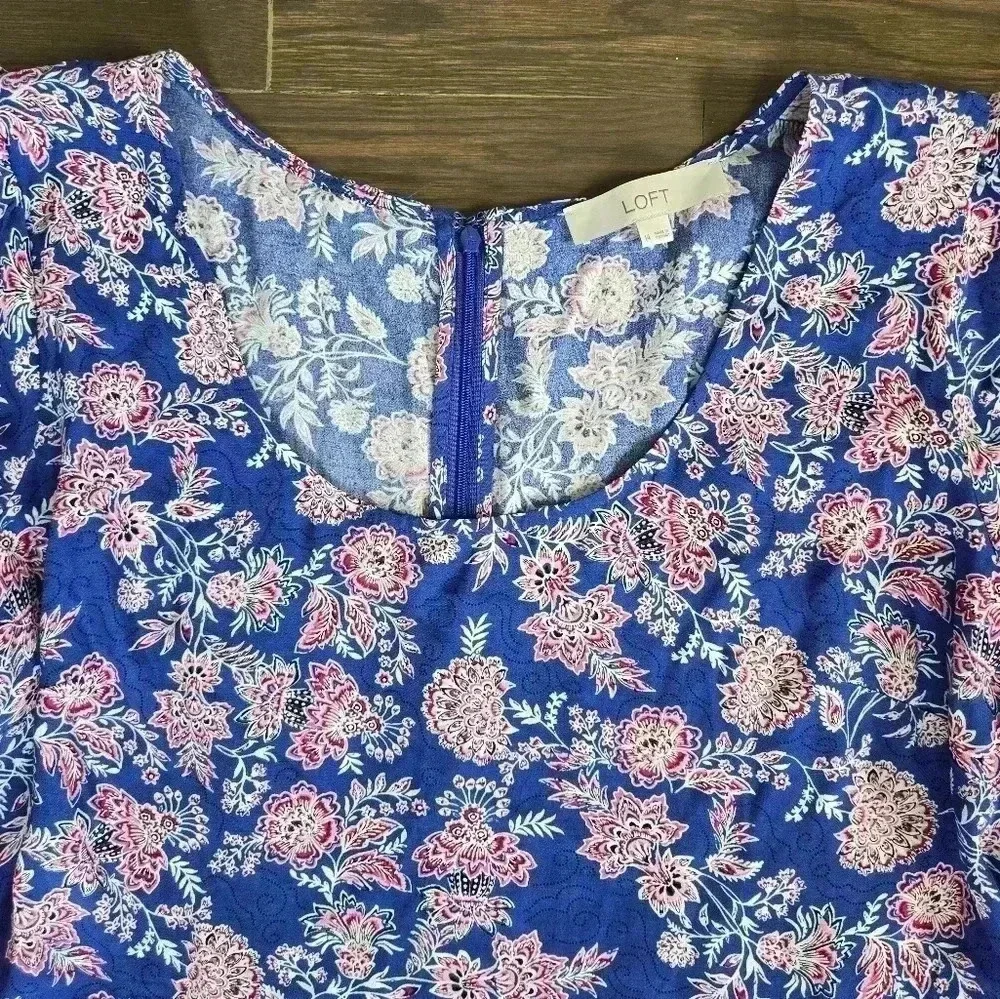 LOFT Floral Print Blue mini dress feminine puff short sleeve  sz 14 - Picture 3 of 10